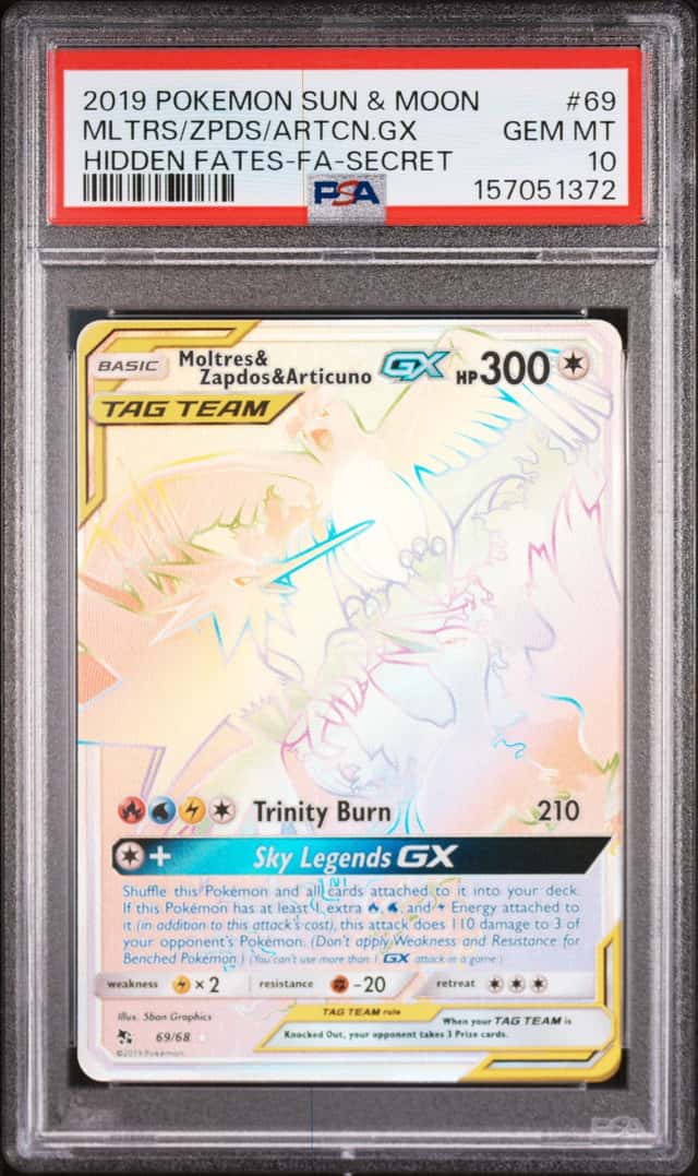 2019 POKEMON SM HIDDEN FATES #69/68 MOLTRES ZAPDOS ARTICUNO TAG TEAM SEC PSA 10