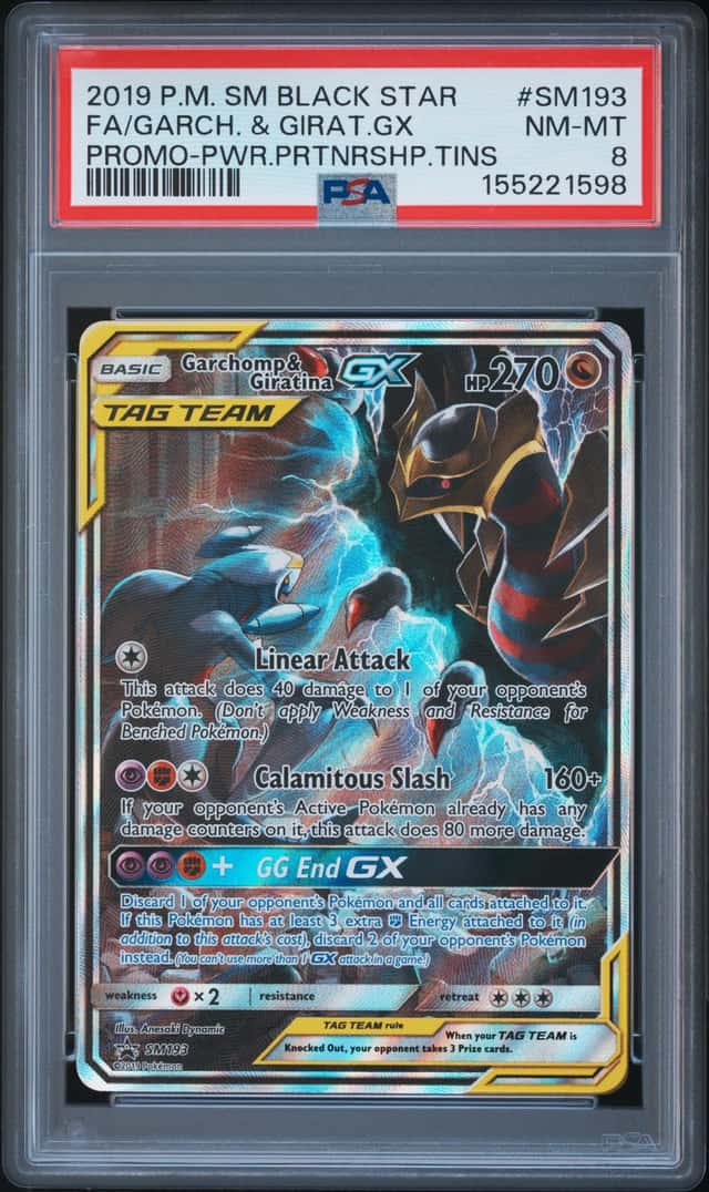 2019 Pokemon SM BSP PWR PRTNRSHP TINS #SM193 FA Garchomp & Giratina GX PSA 8