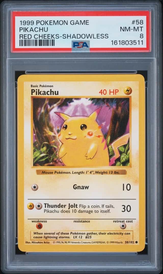 1999 POKEMON BASE SET RED CHEEKS-SHADOWLESS #58 PIKACHU PSA 8