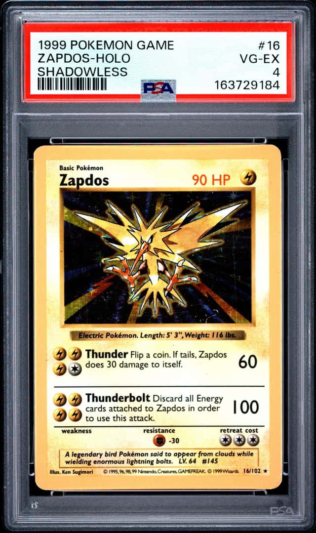 1999 POKEMON BASE SET SHADOWLESS #16 ZAPDOS-HOLO PSA 4