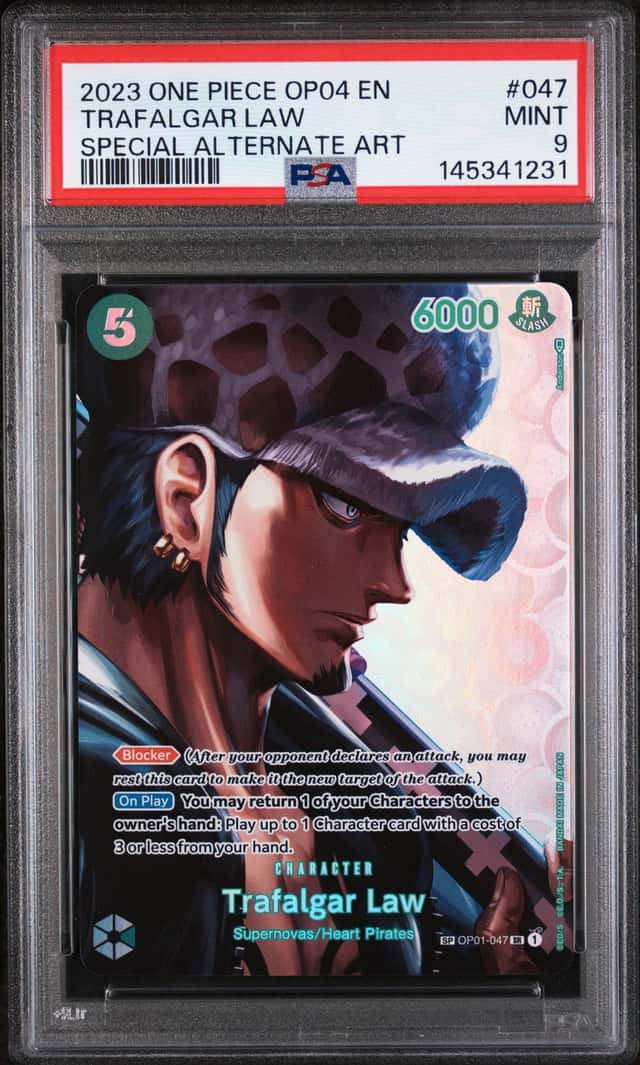 2023 ONE PIECE OP04-KINGDOMS OF INTRIGUE #047 TRAFALGAR LAW SP ALT ART PSA 9