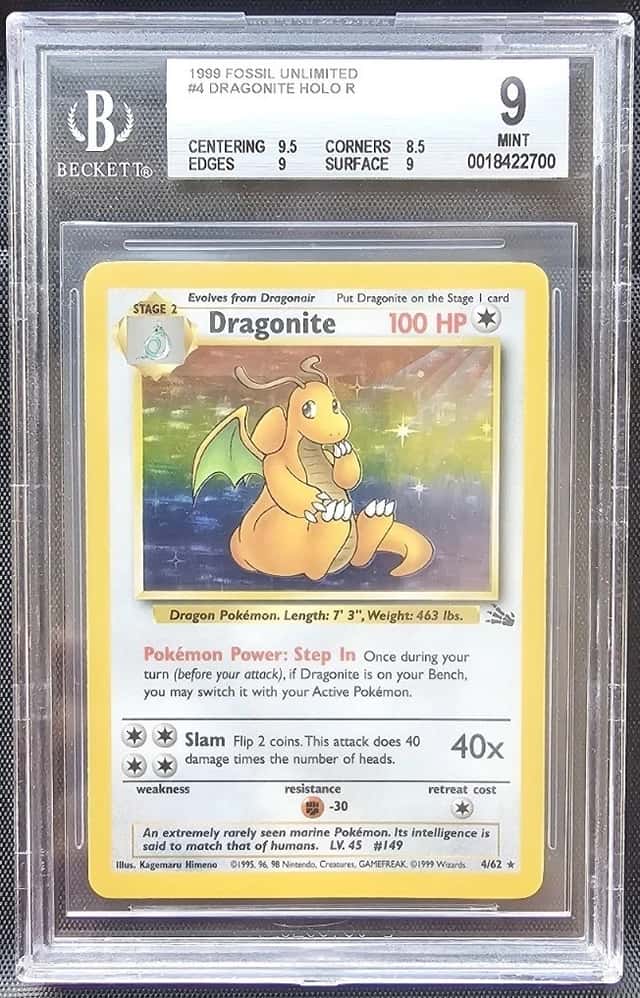 BGS 9 MINT - Fossil Dragonite Holo #4 English Pokémon Card (1999) WOTC PSA