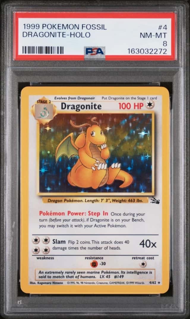 1999 POKEMON FOSSIL #4 DRAGONITE-HOLO PSA 8