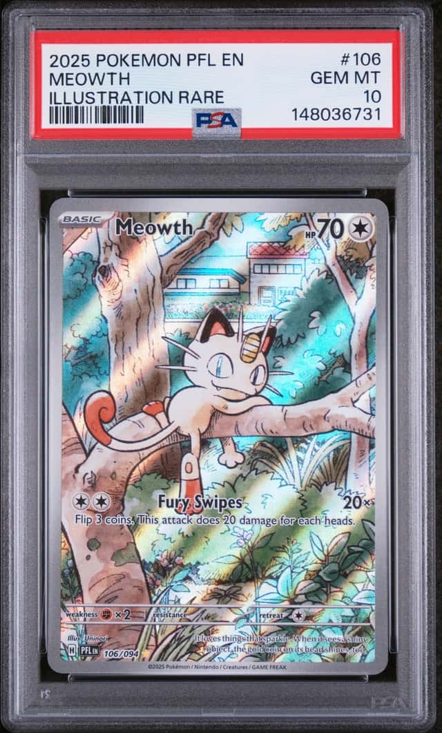 2025 POKEMON PHANTASMAL FLAMES #106/094 MEOWTH ILLUSTRATION RARE PSA 10