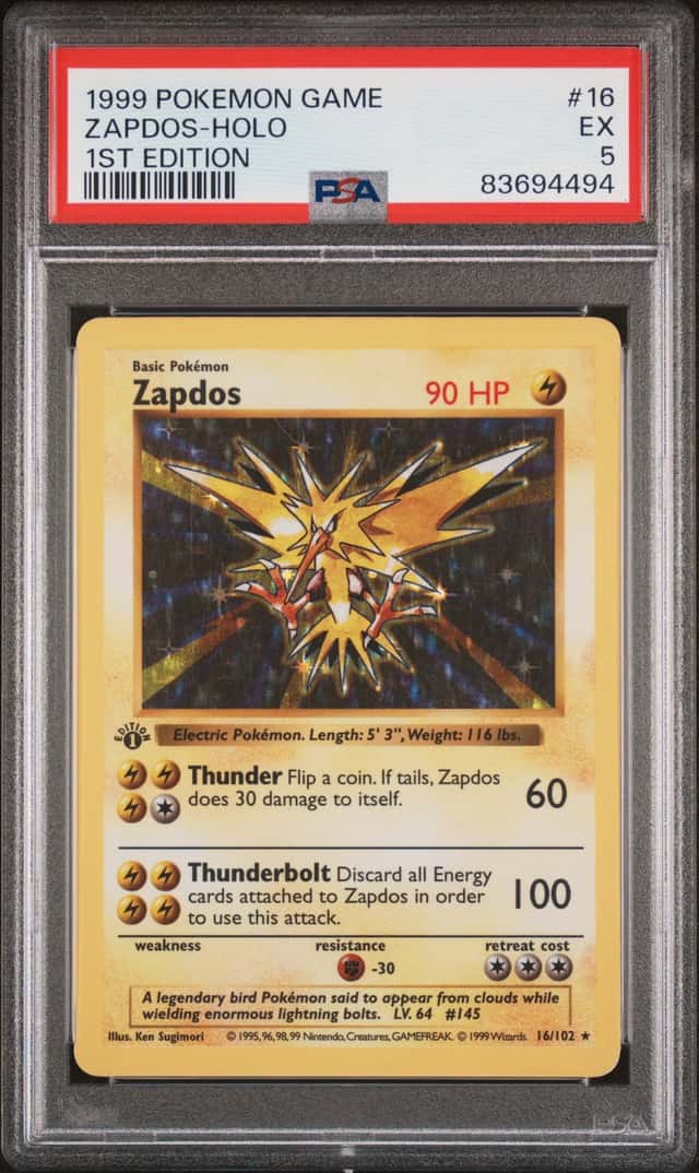 1999 POKEMON BASE SET ZAPDOS #16/102 SHADOWLESS 1ST EDITION HOLO FOIL PSA 5