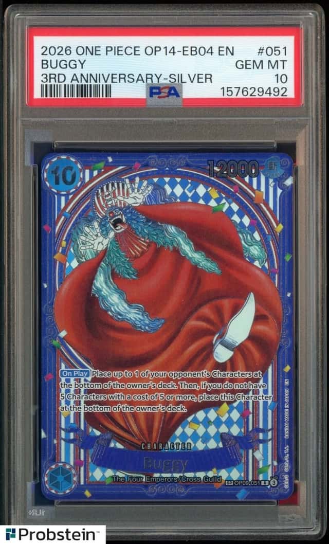 2026 One Piece OP14-EB04 EN 3rd Anniversary Silver #051 Buggy PSA 10 GEM MINT