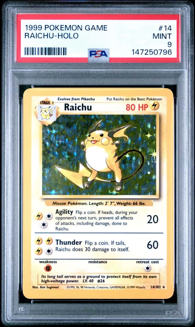1999 POKEMON GAME BASE SET RAICHU-HOLO #14 PSA 9