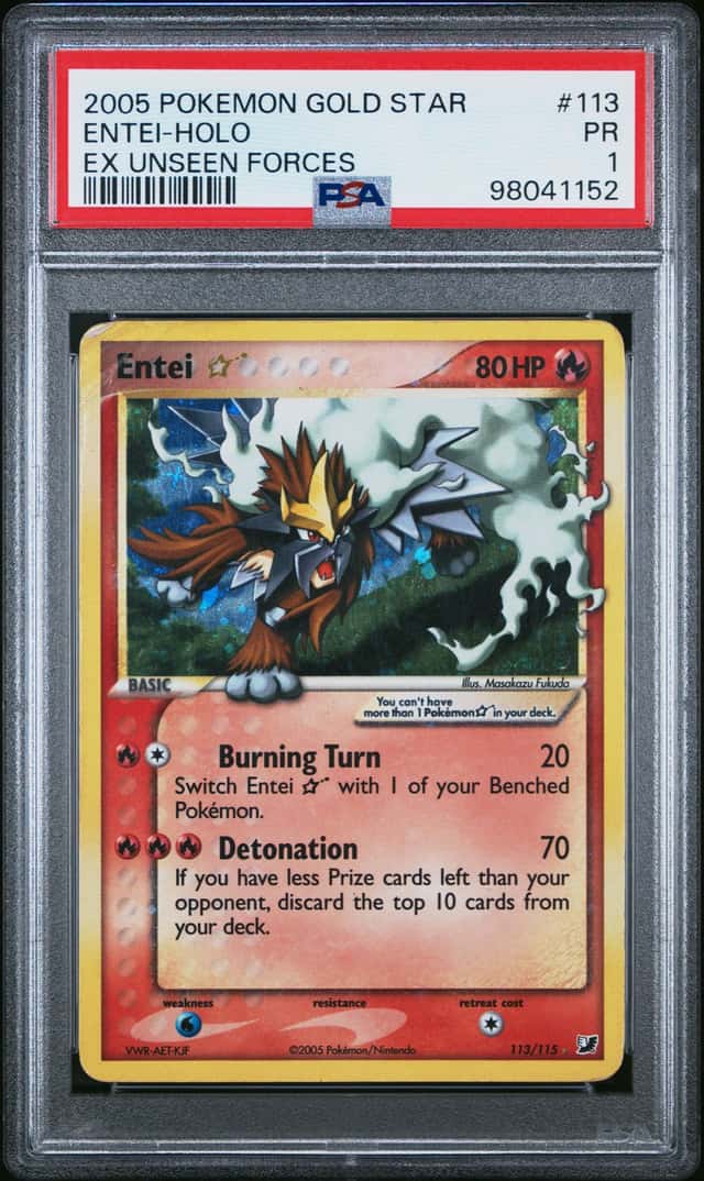 Pokemon Entei Gold Star EX Unseen Forces 113/115 DAMAGED SLAB PSA 1