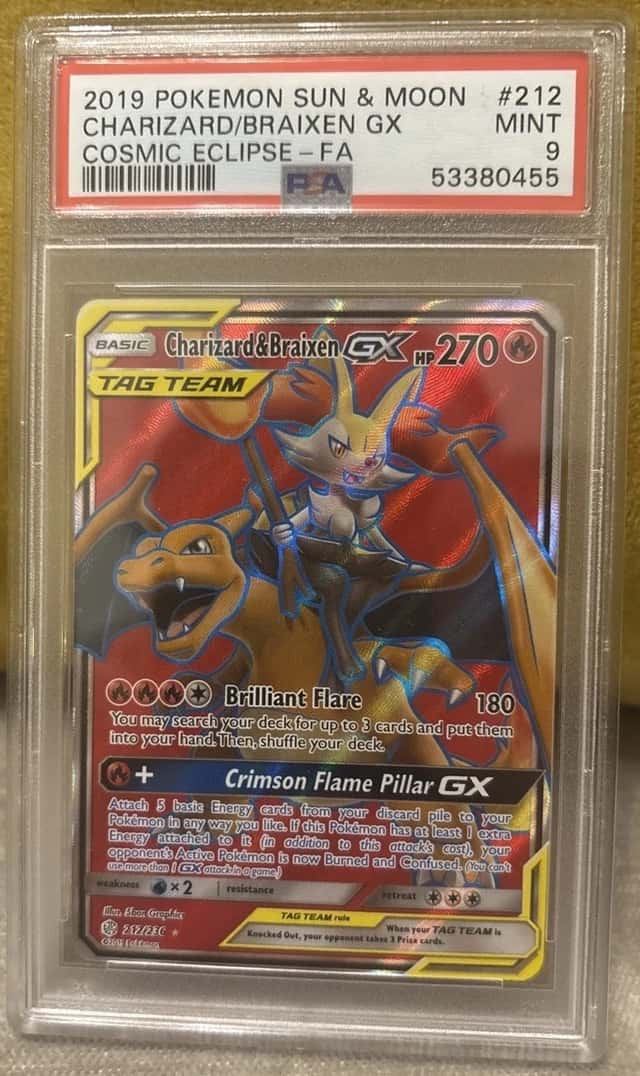 PSA9 MINT Sun and Moon Charizard/Braixen GX #212Cosmic Eclipse Pokemon Card TCG