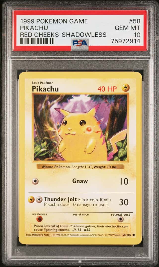 1999 Pokémon Game Red Cheeks Shadowless #58 Pikachu PSA 10