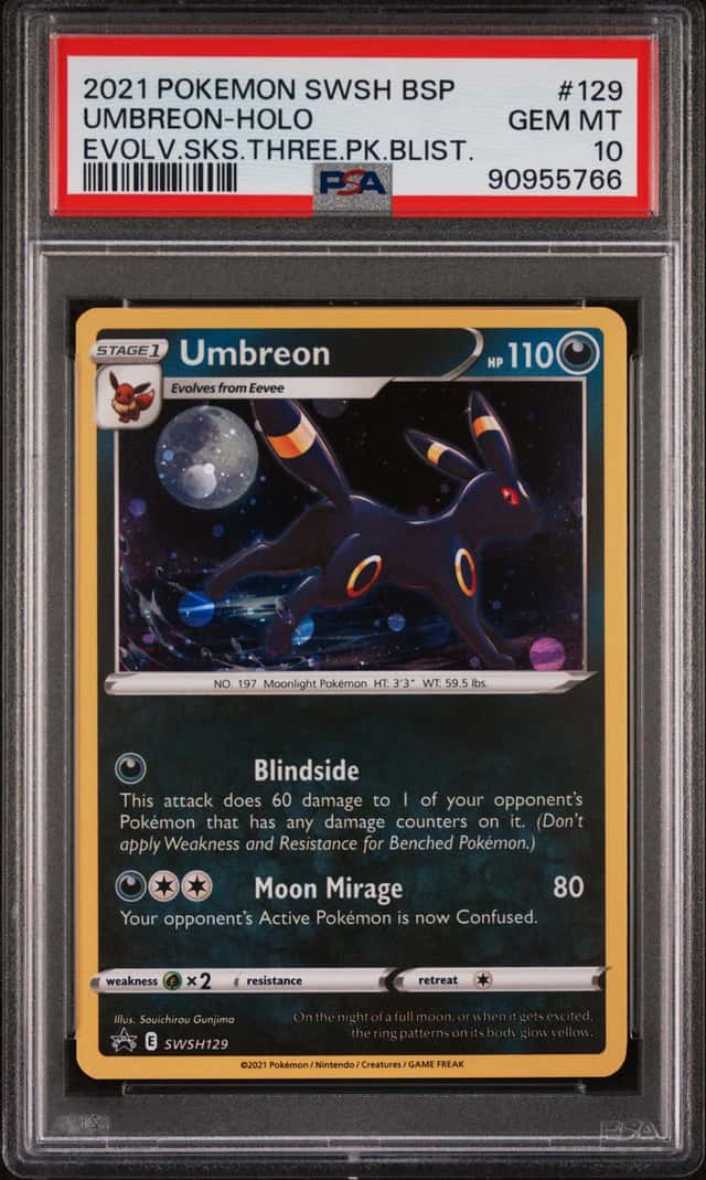 POKEMON UMBREON 2021 SWSH BSP #129 HOLO EVOLV.SKS.THREE.PK.BLIST. PSA 10