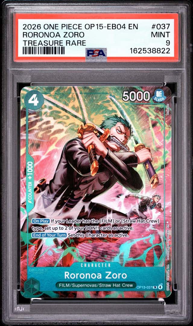 2026 ONE PIECE OP15-EB04-ADVENTURE ON KAMI'S ISLAND #037 RORONOA ZORO PSA 9