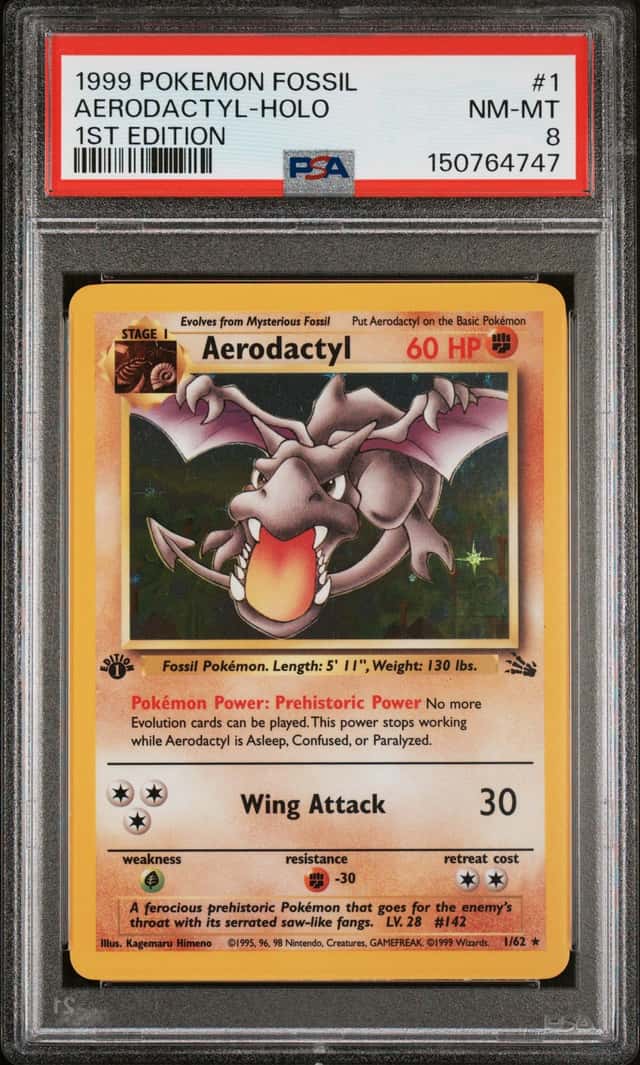 Pokemon TCG 1999 Fossil Aerodactyl 1/62 Holo 1st Edition PSA 8 EN