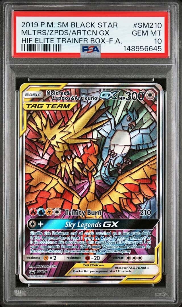 Moltres Zapdos Articuno GX PSA 10 Stained Glass SM210 Hidden Fates Pokemon ETB