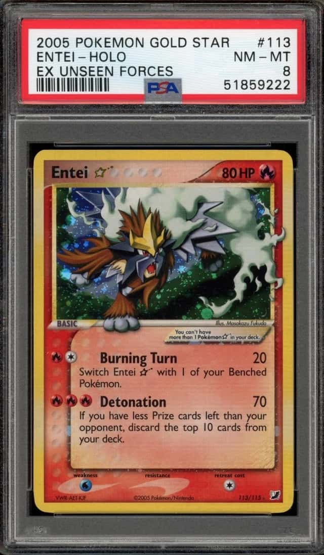 Pokemon Entei Gold Star Holo EX Unseen Forces 113/115 PSA 8