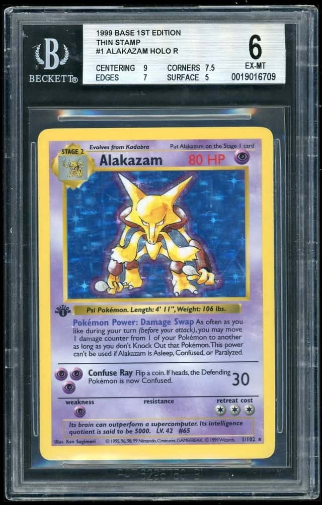 1999 Pokemon Shadowless Alakazam HOLO R/(Thin Stamp) Base 1st Edition BGS 6