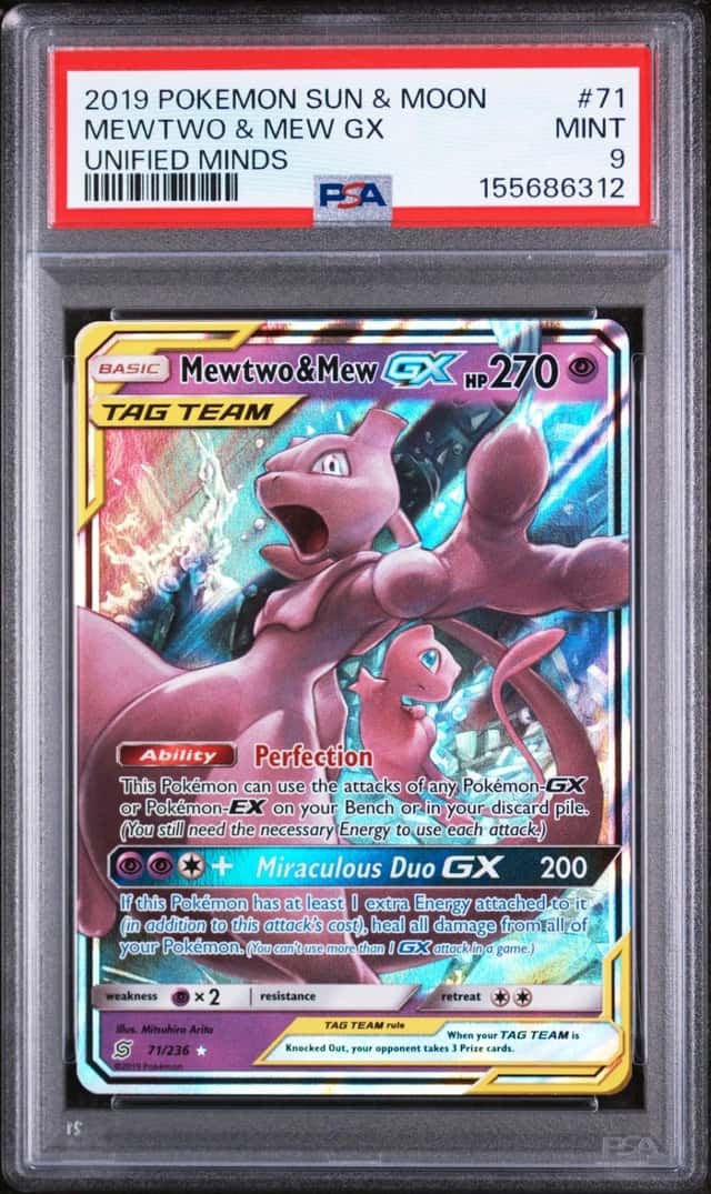 2019 POKEMON SUN & MOON UNIFIED MINDS #71 MEWTWO & MEW GX PSA 9