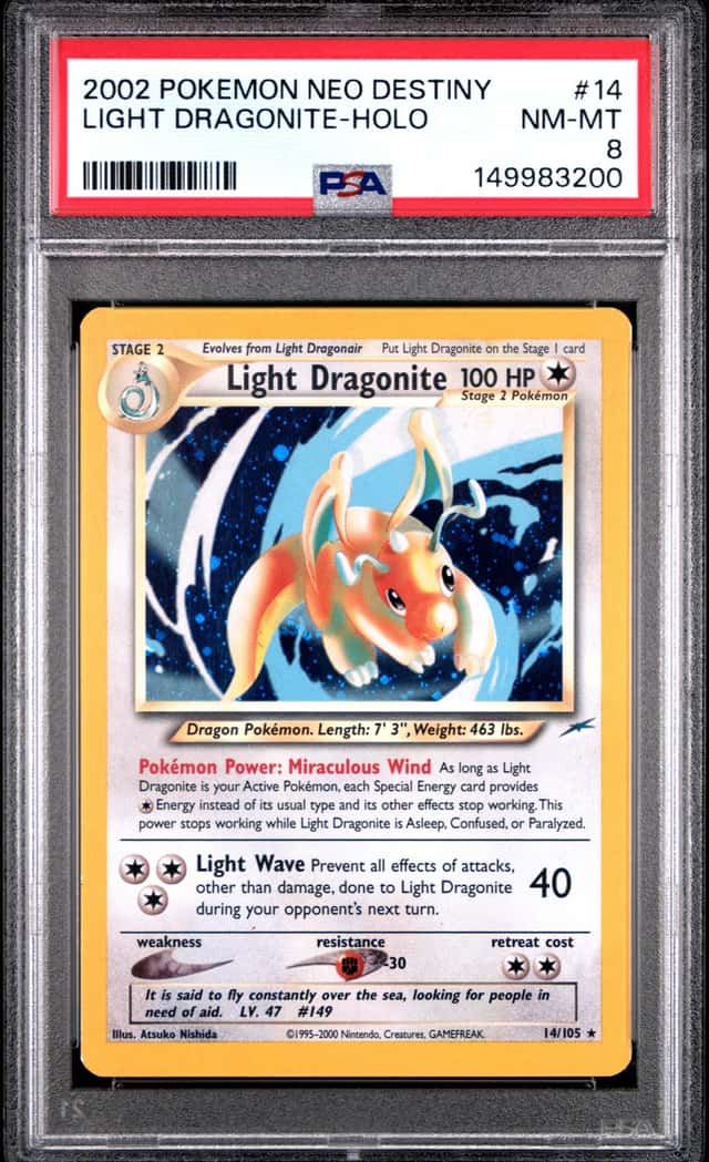 2002 Pokemon Neo Destiny Holo Light Dragonite #14 PSA 8 NM-MT