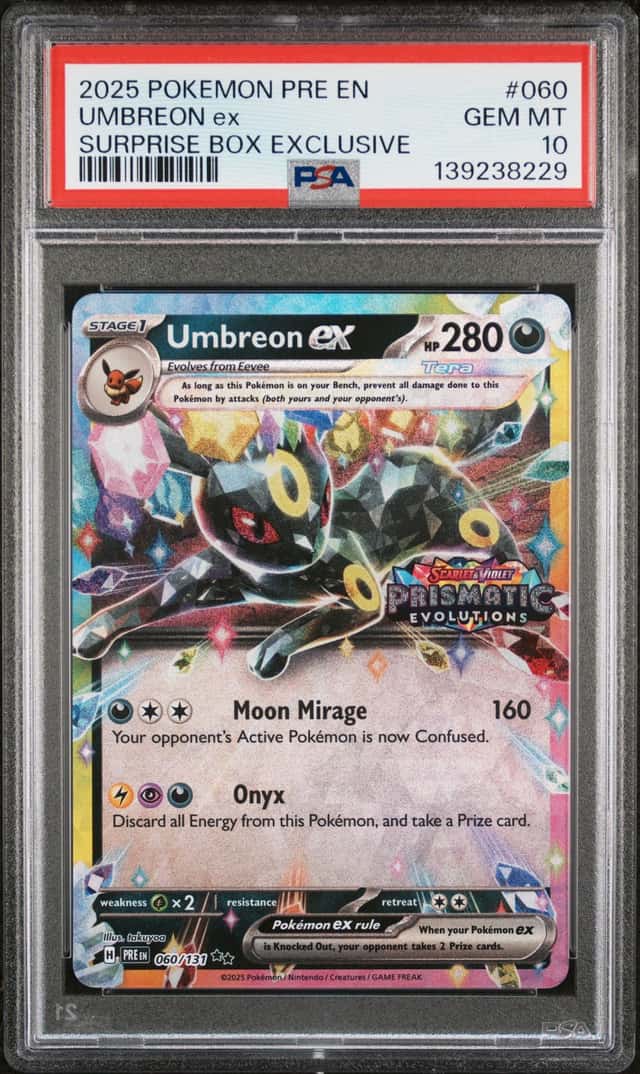 2025 POKEMON PRISMATIC EVOLUTIONS SURPRISE BOX EXCLUSIVE #060 UMBREON EX PSA 10