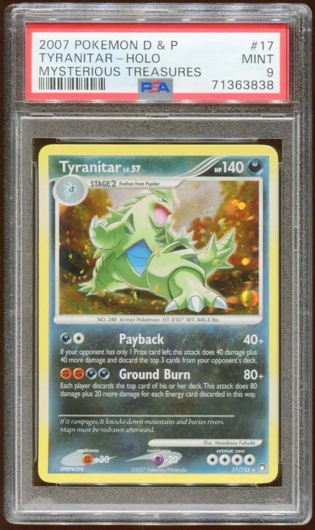 2007 POKEMON D & P MYSTERIOUS TREASURES TYRANITAR LV. 57 #17/123 HOLO PSA 9 B E8