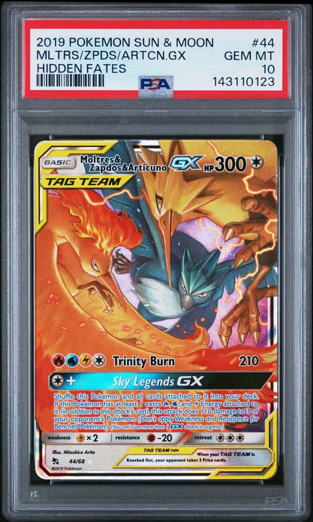 Pokemon 2019 Hidden Fates Moltres & Zapdos & Articuno GX 44/68 Holo PSA 10