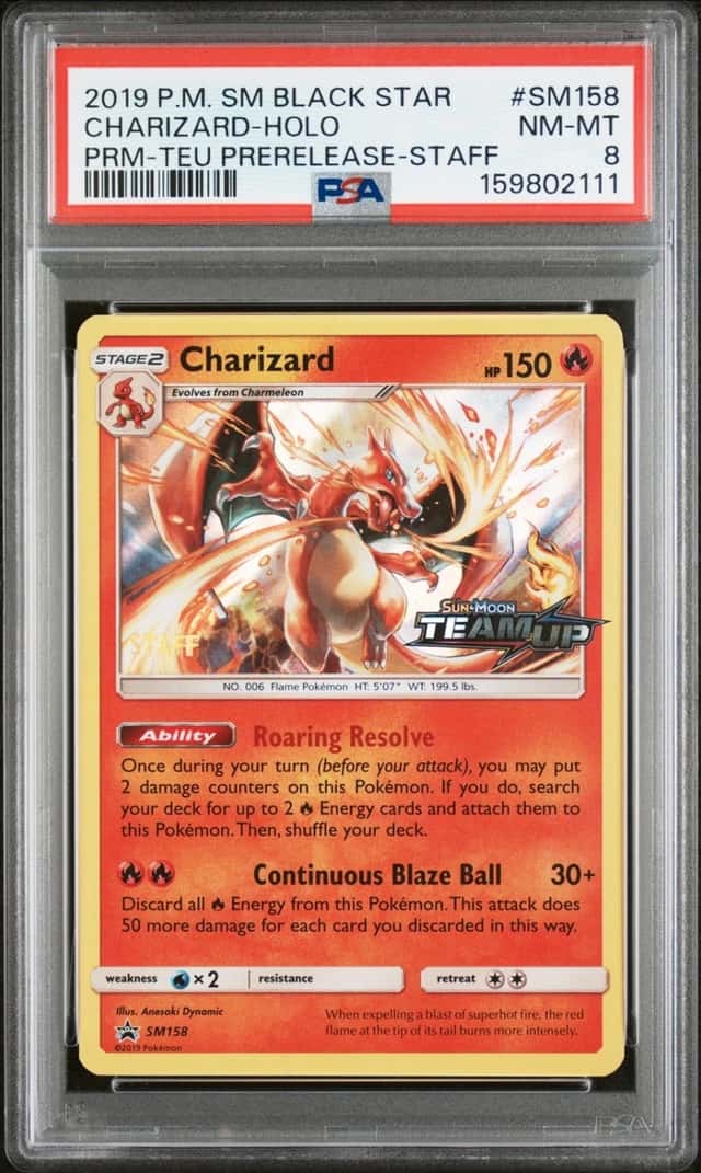 2019 POKEMON SM BLACK STAR PROMO TEAM UP PRERELEASE-STAFF CHARIZARD-HOLO PSA 8