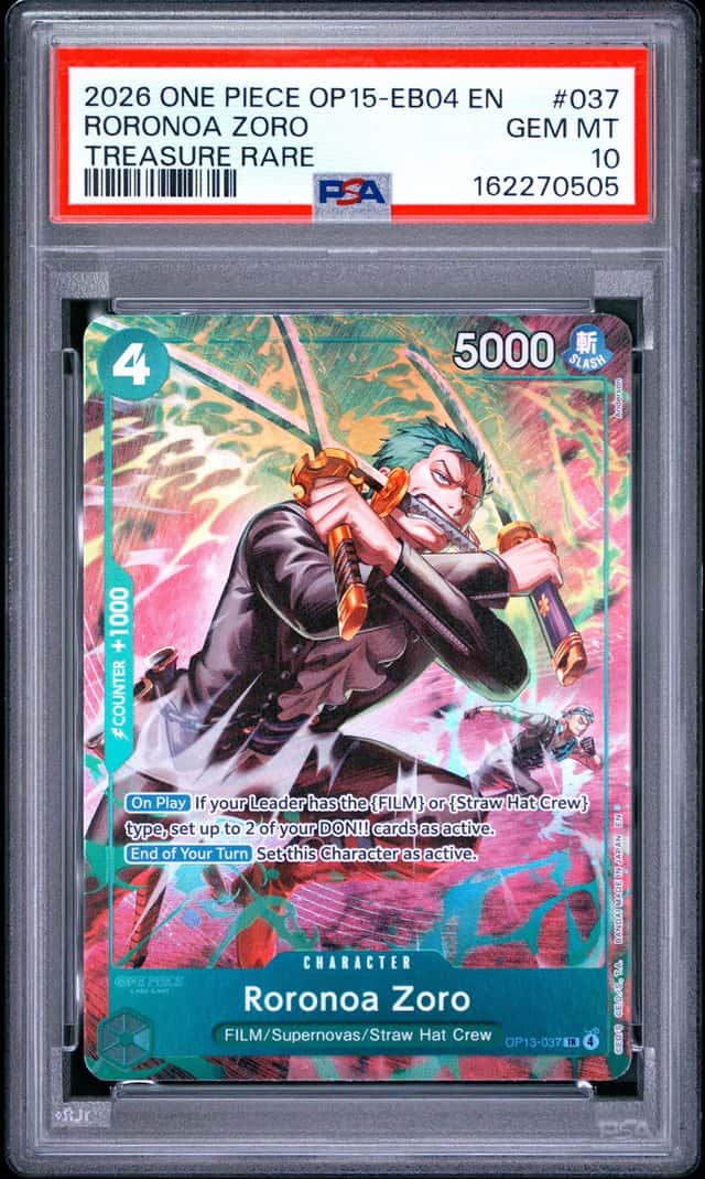 2026 ONE PIECE OP15-EB04-ADVENTURE ON KAMI'S ISLAND #037 RORONOA ZORO PSA 10