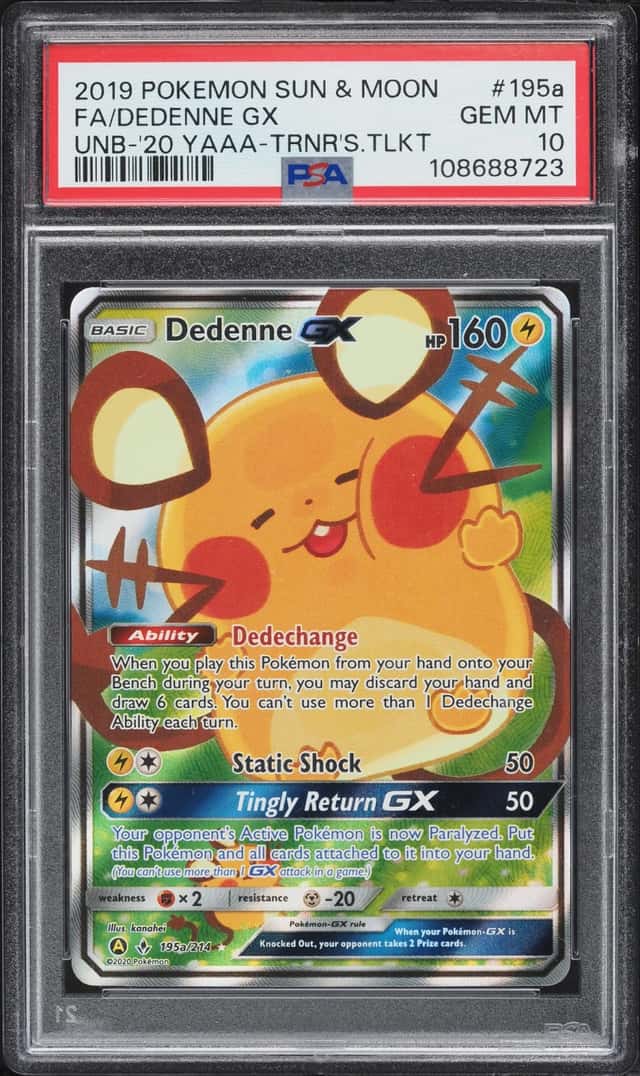 2020 Pokemon Sun & Moon Unbroken Bonds Trainer's Toolkit Full Art Dedenne GX #195a PSA 10 GEM