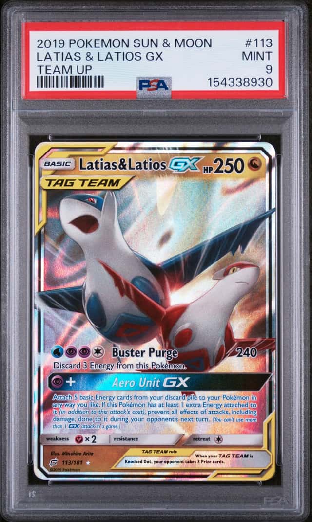PSA 9 Latias & Latios GX TAG TEAM Holo 2019 SM-Team Up 113/181