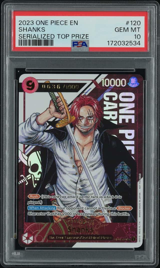 2023 One Piece EN Serialized Top Prize #120 Shanks PSA 10 GEM MINT 0636/1000