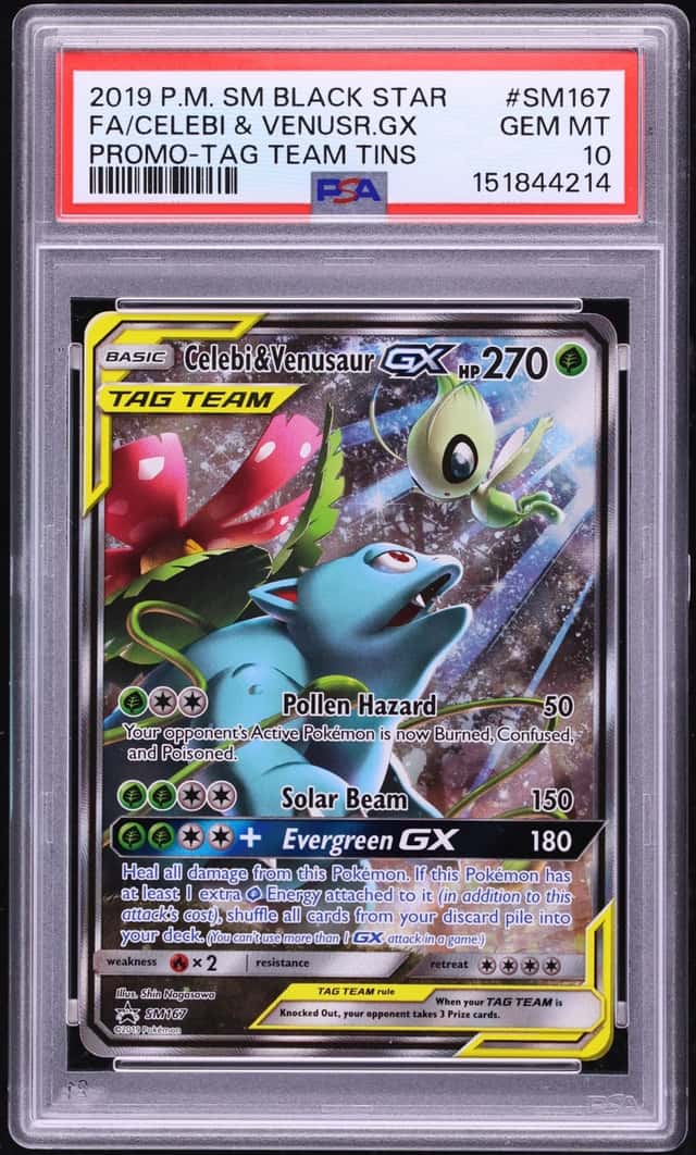2019 Pokemon Sun & Moon Promo Tag Team Tin Full Art Celebi & Venusaur GX #SM167 PSA 10 GEM MINT