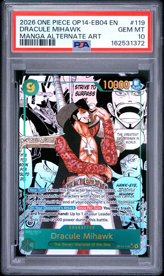 2026 One Piece OP14-EB04 EN #119 Dracule Mihawk Manga Alternate Art PSA 10