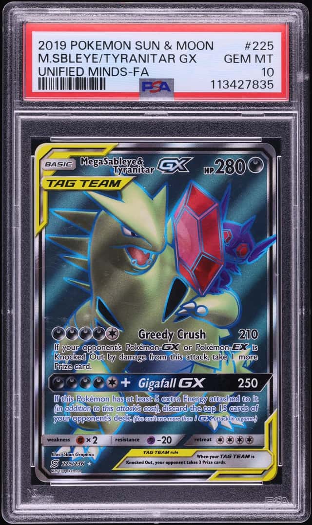 2019 Pokemon Sun & Moon Unified Minds Full Art Mega Sableye & Tyranitar GX #225 PSA 10 GEM MINT