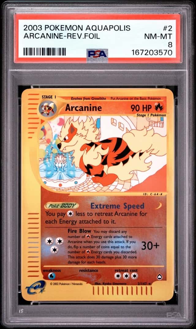 2003 POKEMON AQUAPOLIS #2 ARCANINE-REVERSE FOIL PSA 8
