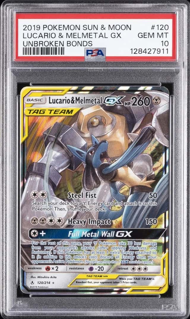 2019 POKEMON SUN & MOON UNBROKEN BONDS #120 LUCARIO & MELMETAL GX PSA 10