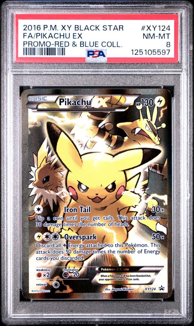2016 Pokemon XY Black Star FA Pikachu EX Promo Red Blue Collection #XY124 PSA 8