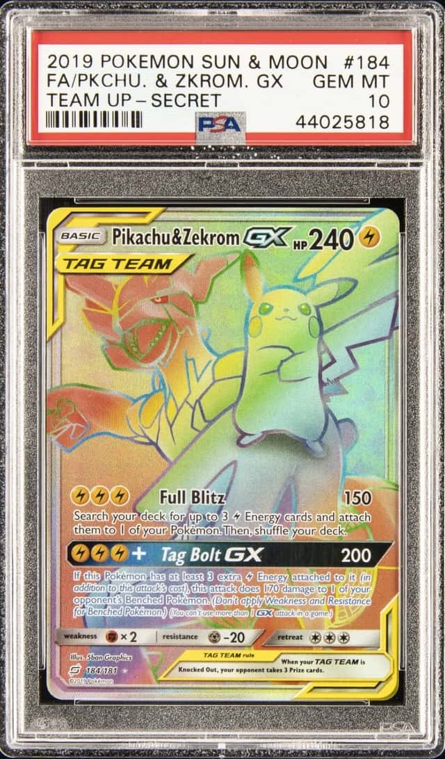 2019 POKEMON SUN & MOON TEAM UP SECRET #184 FULL ART/PIKACHU & ZEKROM GX PSA 10