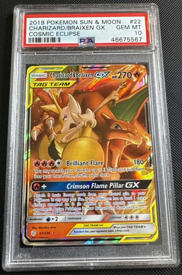 PSA 10 GEM 2019 POKEMON SUN & MOON COSMIC ECLIPSE #22 CHARIZARD & BRAIXEN GX