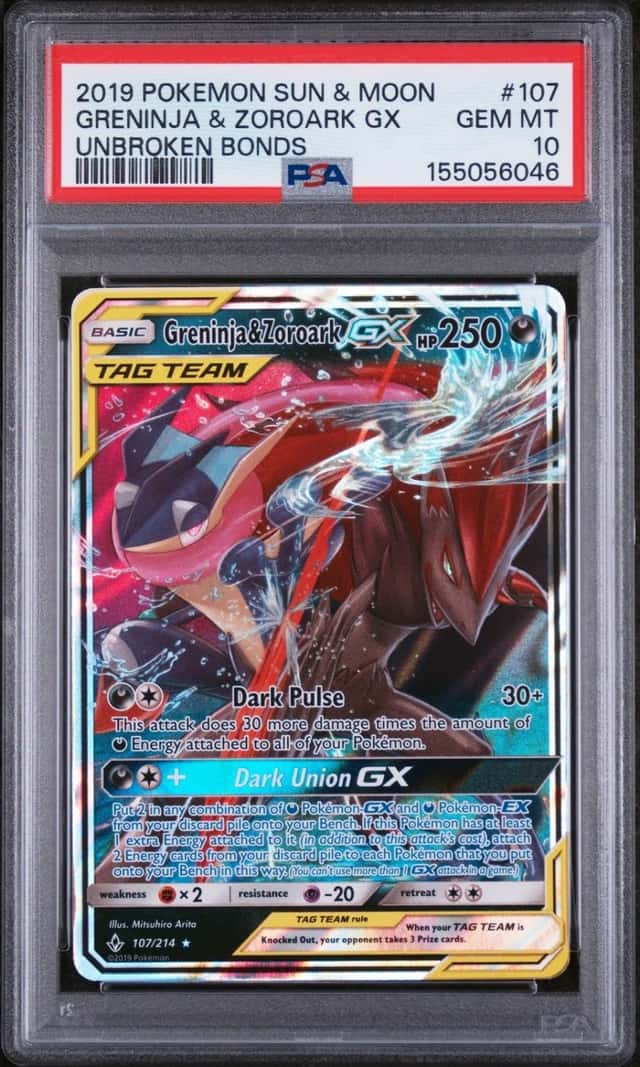 2019 POKEMON SUN & MOON UNBROKEN BONDS #107 GRENINJA & ZOROARK GX PSA 10