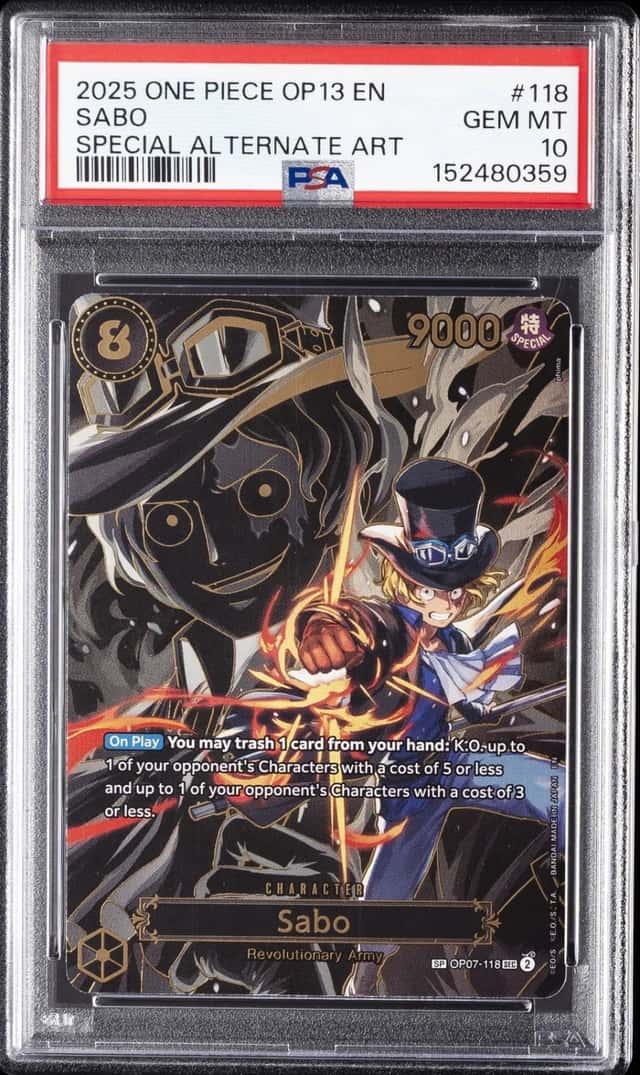 2025 ONE PIECE OP13-CARRYING ON HIS WILL SPECIAL ALTERNATE ART #118 SABO PSA 10