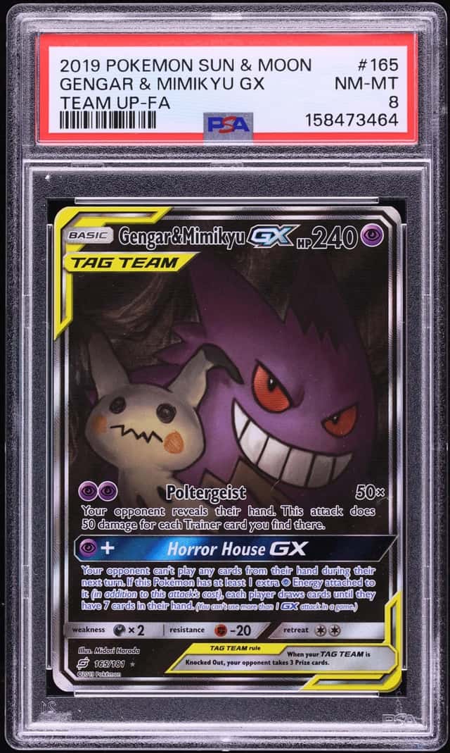 2019 Pokemon Sun & Moon Team Up Full Art Gengar & Mimikyu GX #165 PSA 8 NM-MT