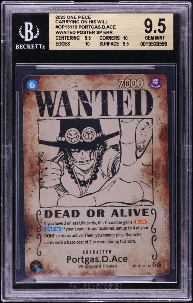 2025 One Piece Carrying On His Will Wanted SP SEC Portgas D. Ace #OP13-119 BGS 9.5 GEM MINT