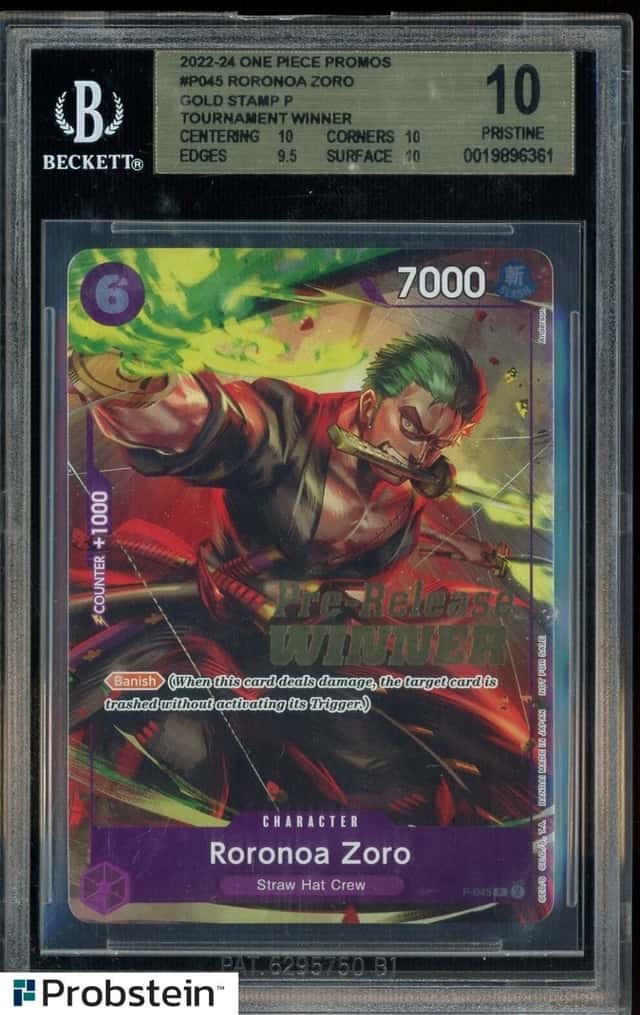 2024 One Piece Promo P-045 Roronoa Zoro Pre-Release Winner Gold Stamp BGS 10