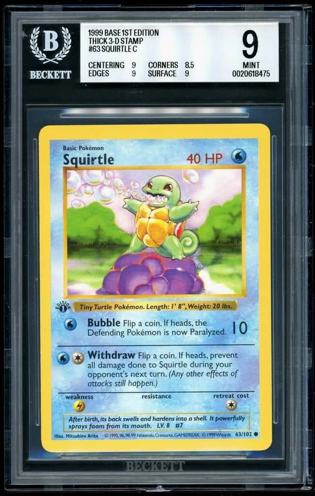 Pokemon Shadowless Squirtle C 1999 Base 1st Ed Thick 3-D Stamp BGS 9