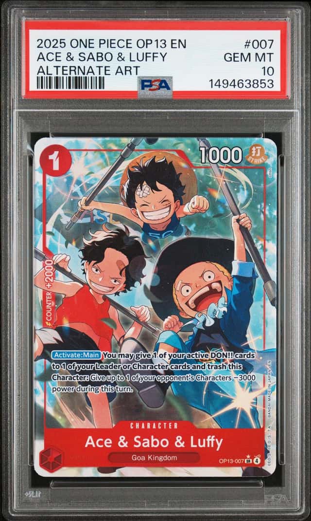 One Piece OP13-007 Ace Sabo Luffy Alternate Art #007 PSA 10 GEM MINT