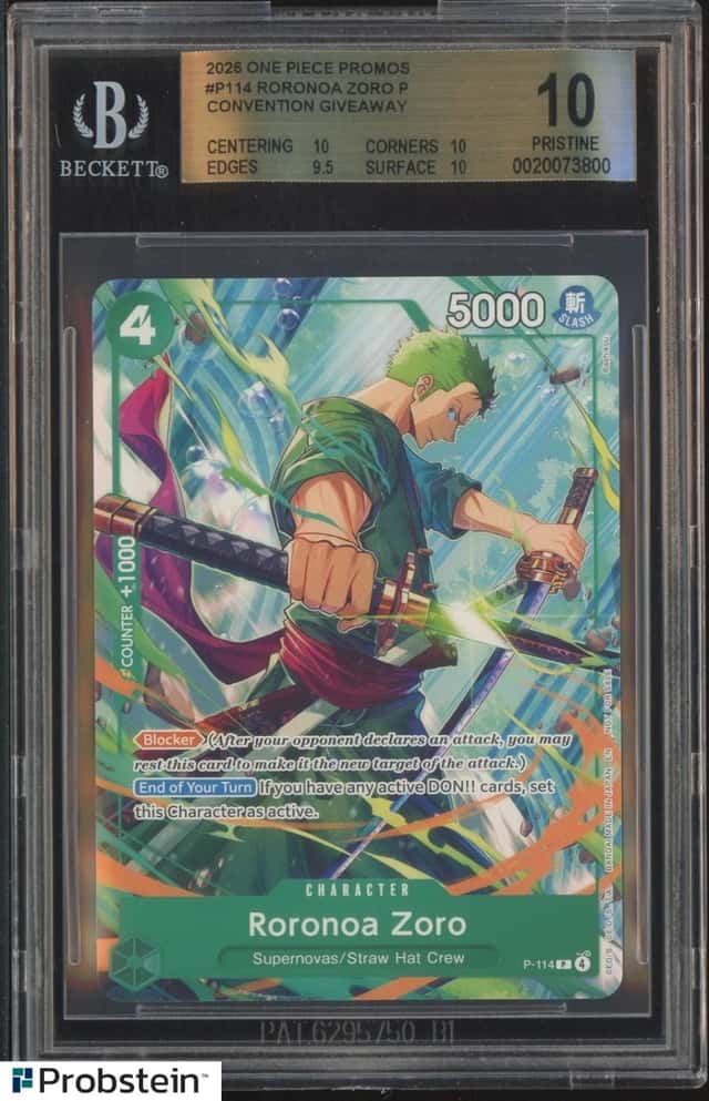 2026 ONE PIECE PROMOS 114 RORONOA ZORO PURCHASE BONUS BGS 10 PRISTINE