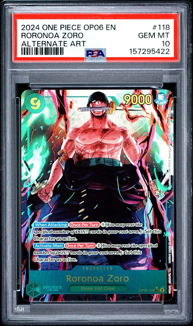 2024 ONE PIECE OP06-WINGS OF THE CAPTAIN ALTERNATE ART #118 RORONOA ZORO PSA 10