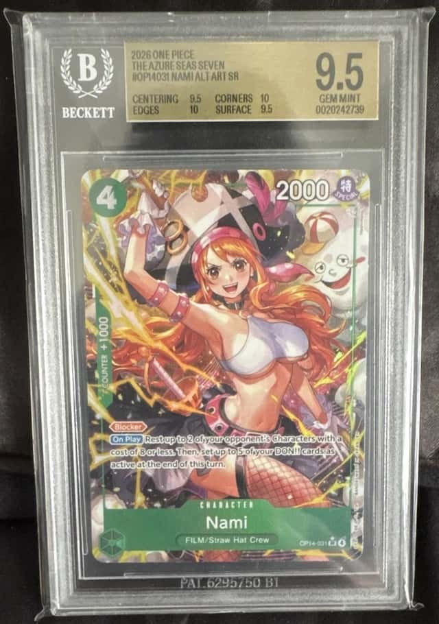 Bandai 2026 One Piece Azure Sea's Seven Nami SP Alt Art Foil OP14-031 BGS 9.5