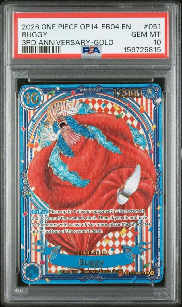 One Piece Buggy Gold 3rd Anniversary OP09-051 OP14-EB04 English Gem Mint PSA 10