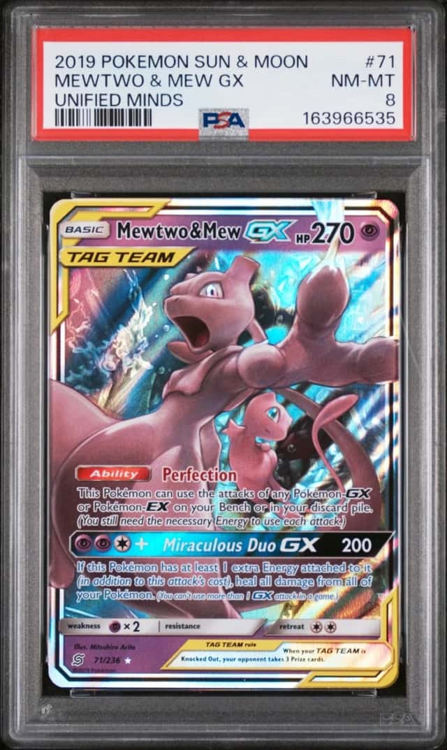 2019 POKEMON SUN & MOON UNIFIED MINDS #71 MEWTWO & MEW GX PSA 8